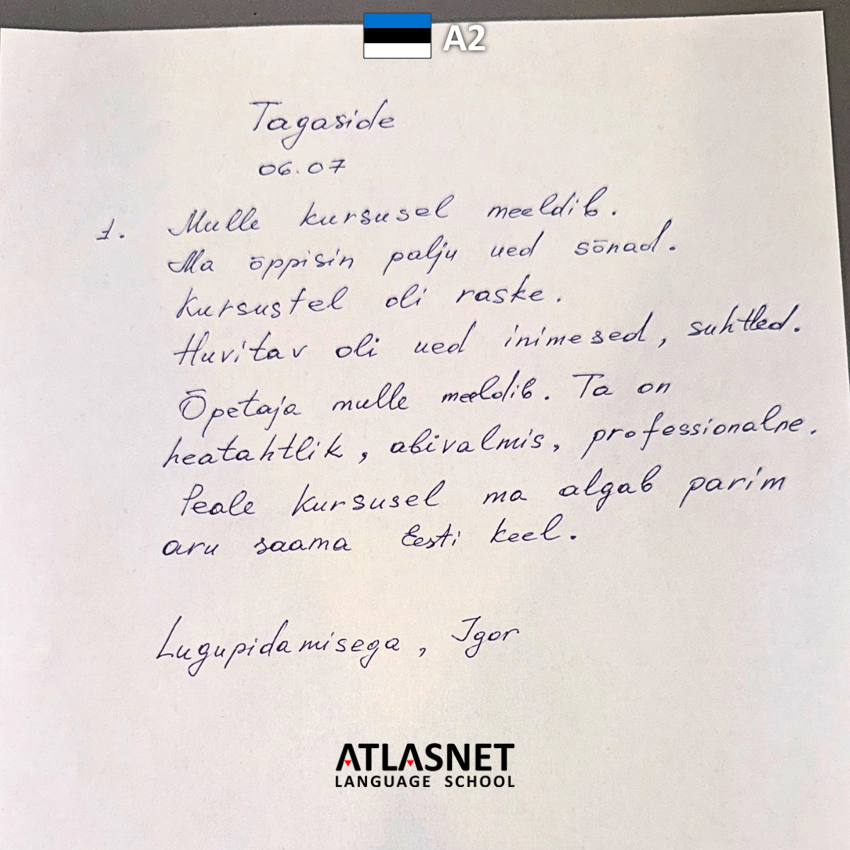 Отзыв ученика о курсе эстонского языка A2 в Atlasnet