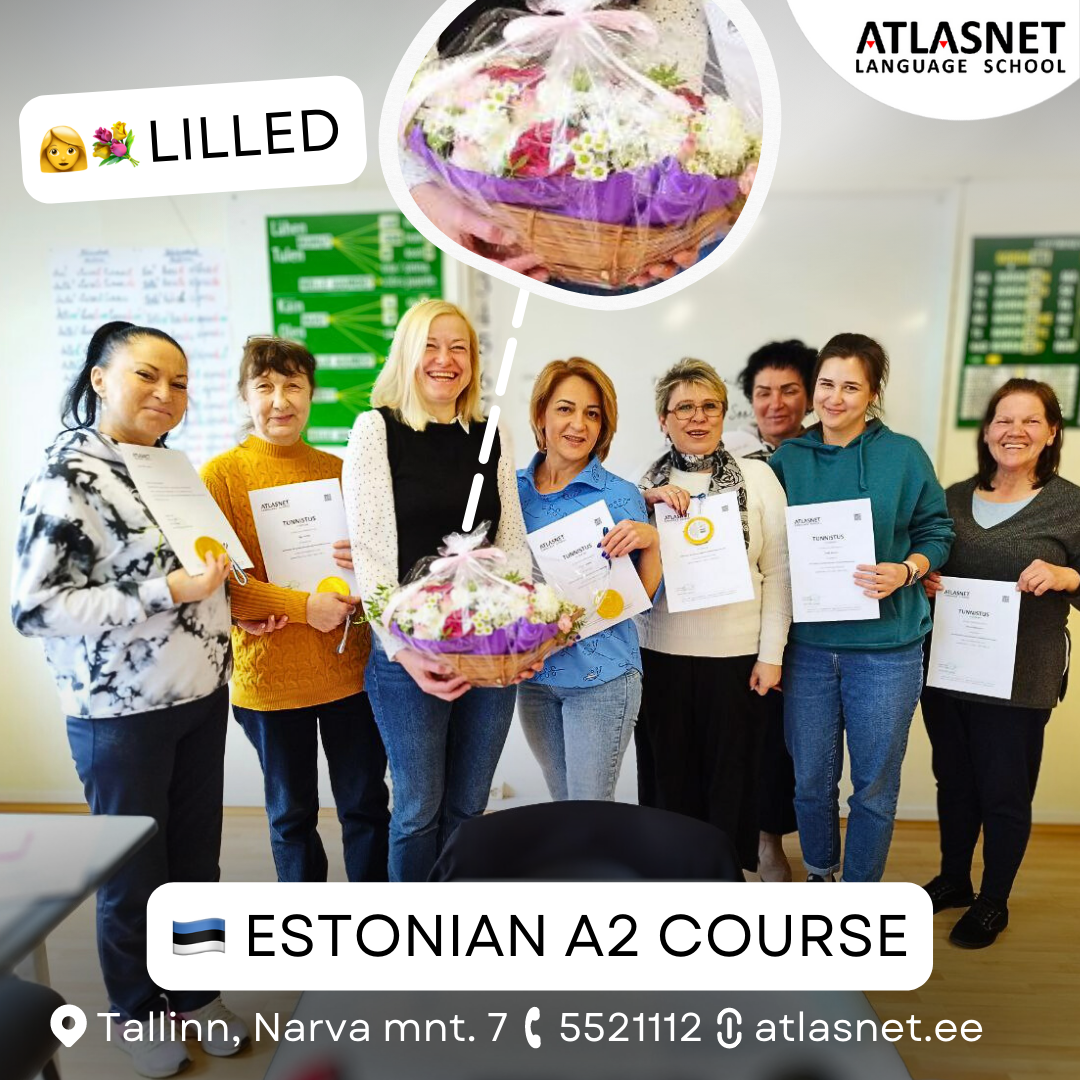 2023-04-eesti-keel-a2-atlasnet Группа учеников в языковой школе на выпускном курса эстонского языка на уровень A2 вручили учителю букет цветов в знак благодарности